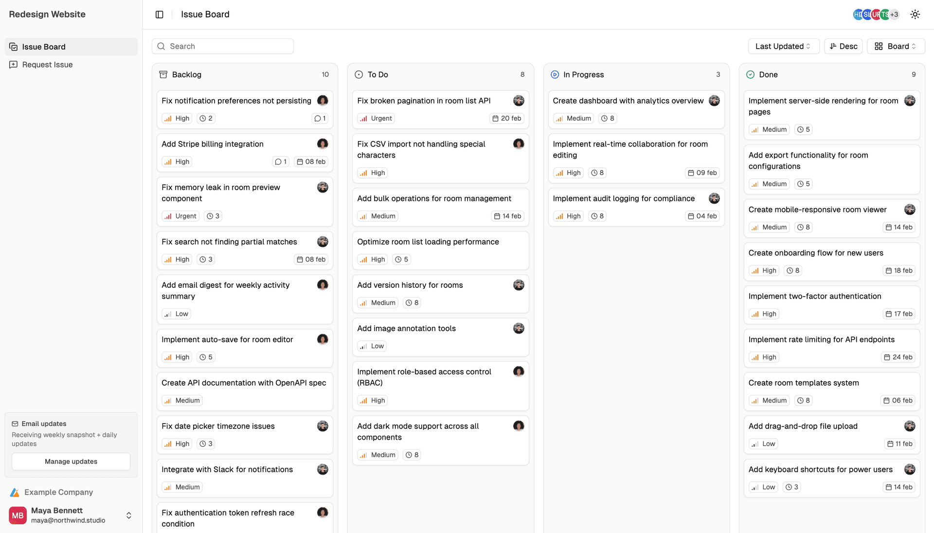 Helium Rooms public roadmap with Backlog, To Do, In Progress, and Done columns