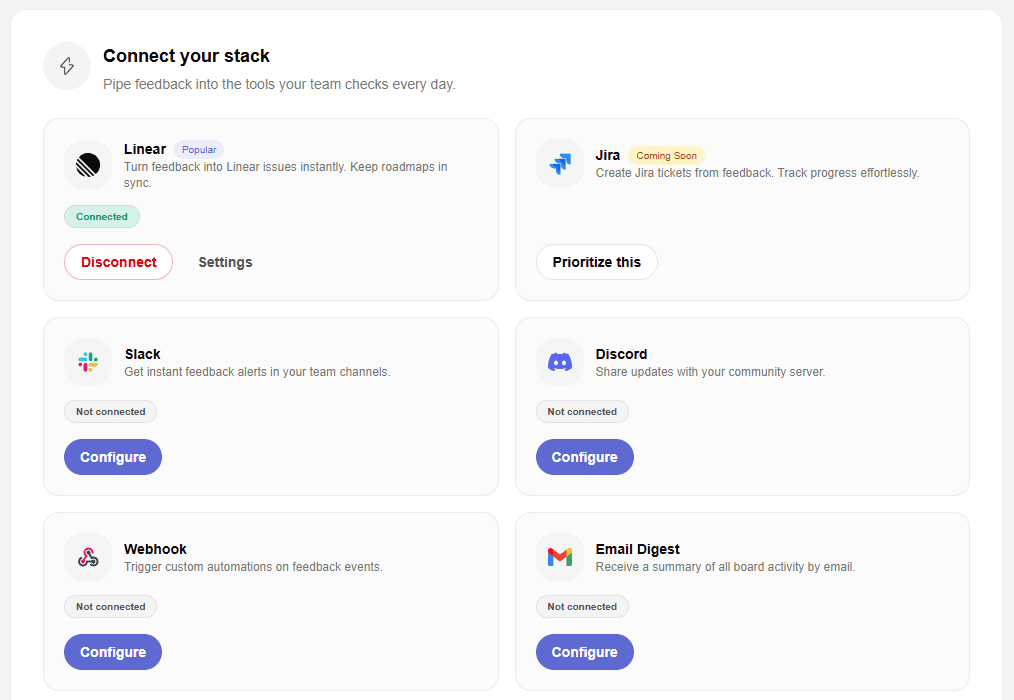 Feedvote integrations showing Linear, Slack, and webhook connections