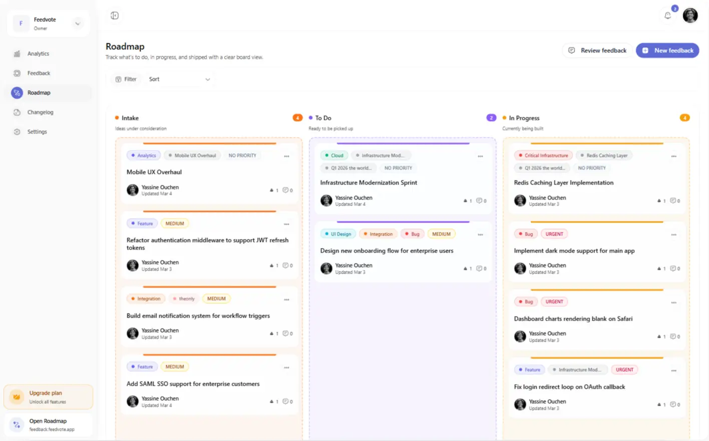 Feedvote dashboard preview showing a customer-facing roadmap synced with Linear